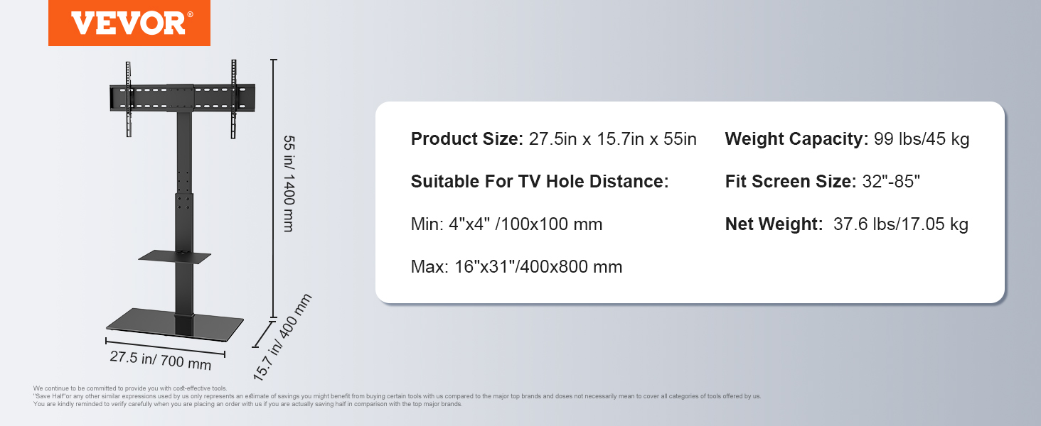 Стійка для телевізора VEVOR поворотна підлогова 32-85 дюймів, регульована по висоті, з міцною скляною основою, чорна