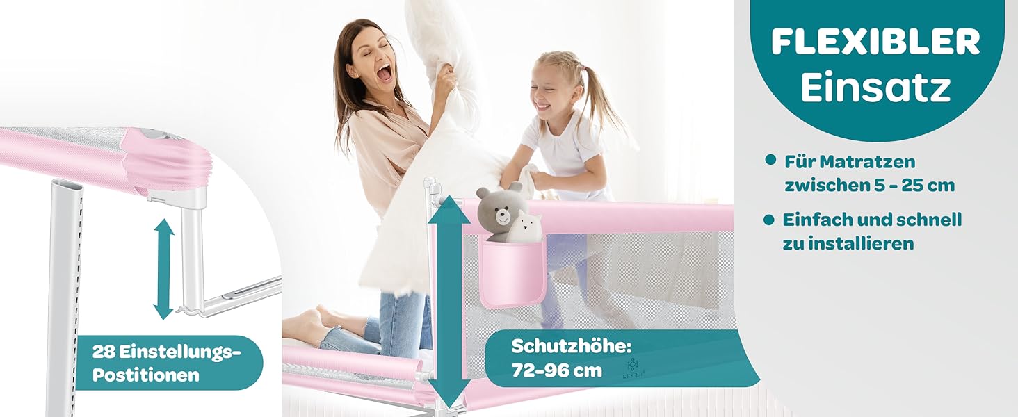 Захисний бортик для ліжка KESSER® 150 см, сітчастий бортик для дитячого ліжка, складаний та регульований по висоті, захист від випадання для немовлят та дітей (Рожевий, 180 см)