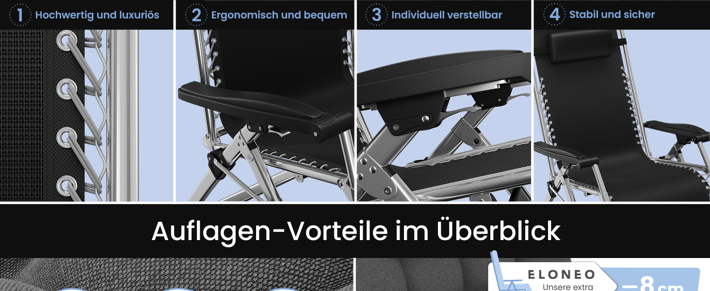 Лежак ELONEO розкладний преміум з подушкою, сонячний лежак для саду, вологостійкий, широка спинка, регульована, з подушкою для шиї та тримачем для напоїв, антрацит