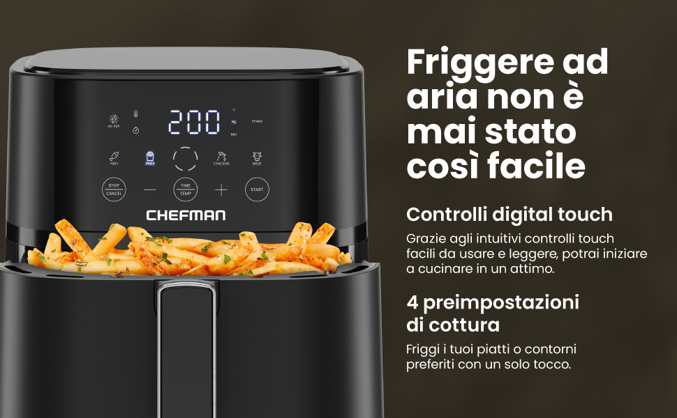 Аерофритюрниця Chefman 3.75L з технологією Hi-Fry, сенсорне керування, антипригарне покриття, чорна