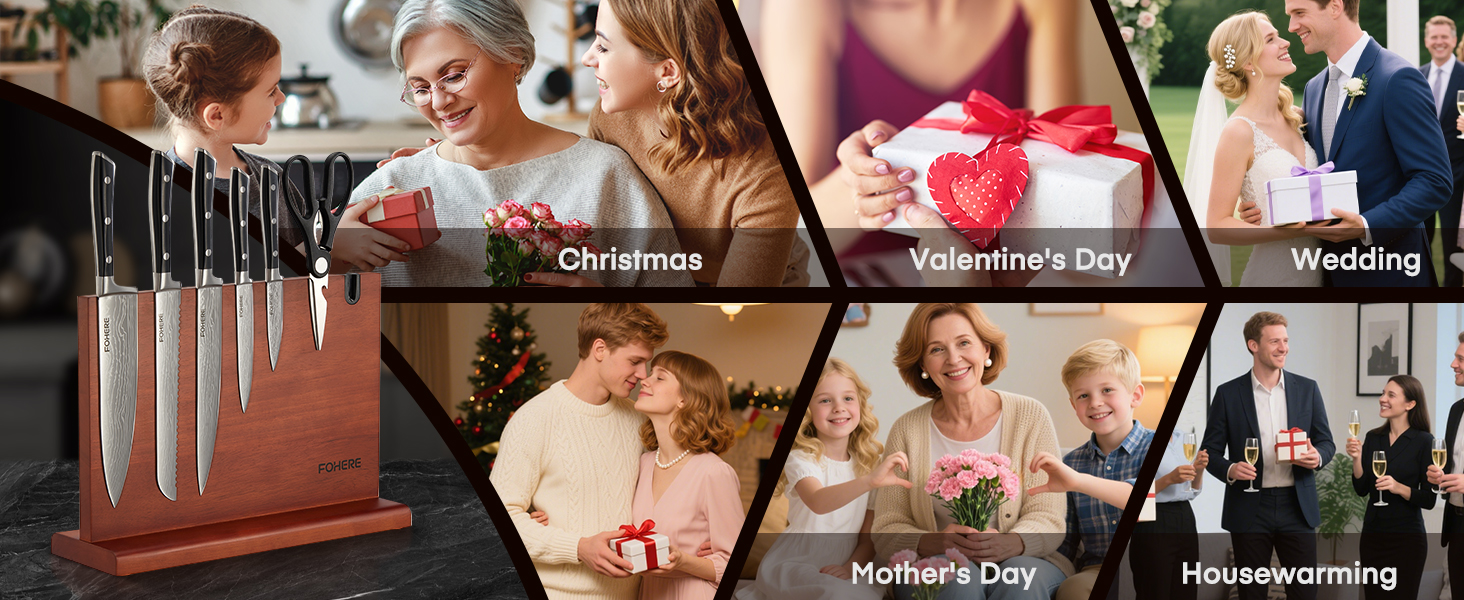 Набір ножів FOHERE 7 предметів: кухонний, для хліба, овочевий, з точилкою та магнітним блоком з нержавіючої сталі та дерева