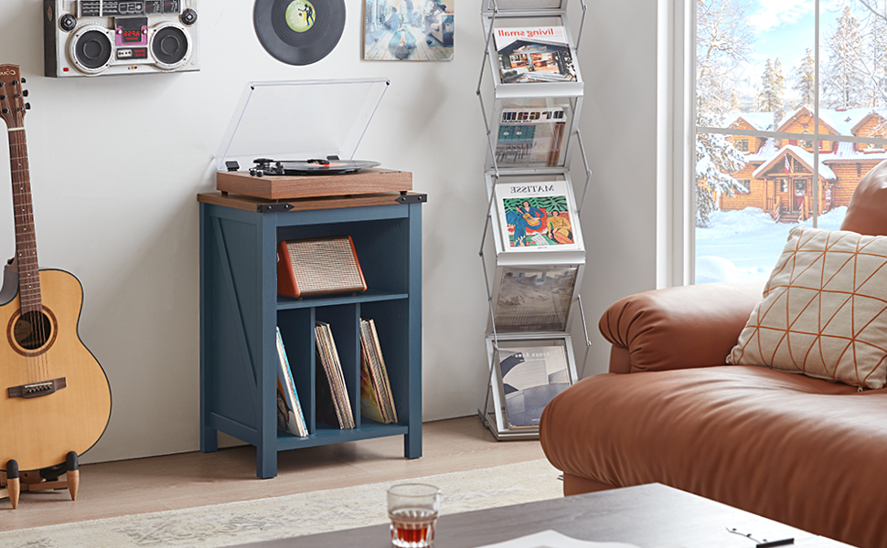 Підставка для програвача вінілу з місцем для платівок, шафка-регулятор для 160 альбомів, дерев'яна підставка для програвача, шафа-вітрина для вітальні, спальні, офісу (Блакитна)