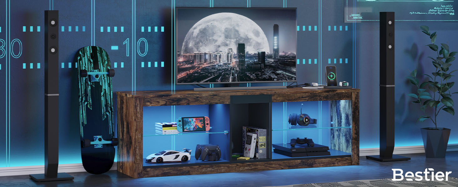 Тумба під TV Bestier, 160x35x52 см, для телевізорів до 65 дюймів, з RGB-підсвічуванням, керуванням кабелів та регульованою скляною полицею (140 см + розетка), колір - коричневий