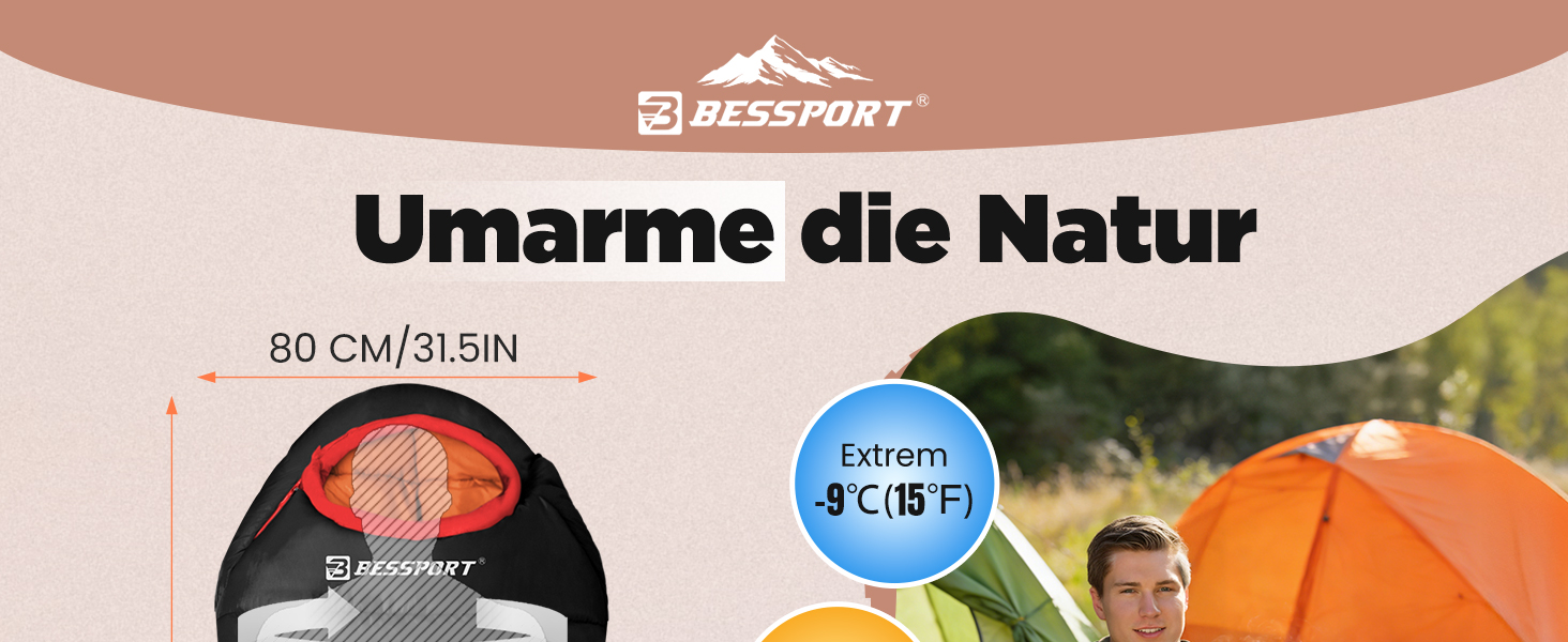 Зимовий спальний мішок Bessport Mummy -10°C...15°C, всесезонний водовідштовхуючий кокон для кемпінгу, подорожей та outdoor, чорний