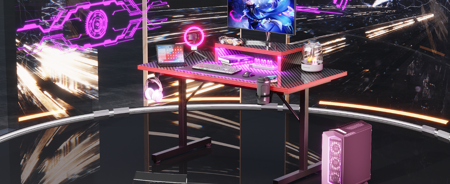 Ігровий стіл Devoko 160x60 см з LED підсвічуванням, з підставкою для монітора, карбоновим покриттям, ергономічний, з тримачем для чашки та гачком для навушників