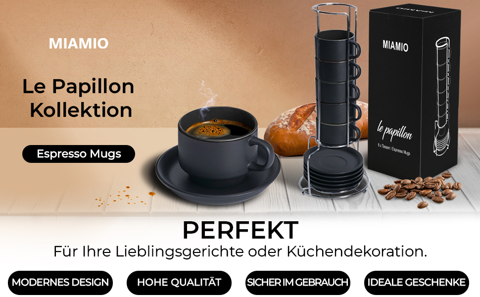 Набір кавових чашок Miamio Le Papillon (Чорний) 6 шт. по 75 мл з підставкою та стійкою