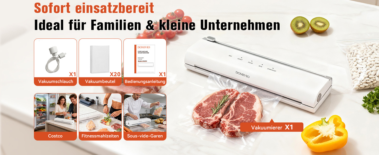 Вакууматор з нержавіючої сталі VS2093: потужність 85 кПа, режими «сухий/вологий», подвійна герметизація, LED-панель, з зовнішнім відсосом та 20 пакетами для кухні та гастрономії