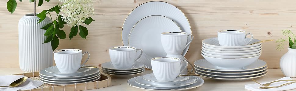 CreaTable Серія Valencia Pastell: 18-частинний кавовий сервіз на 6 осіб з порцеляни, Made in Europe (кремовий, блакитний, зелений)