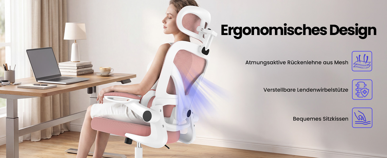 Офісний стілець Naspaluro з ергономічною підтримкою попереку, 3D-підголівником, відкидними підлокітниками та дихаючою сітчастою оббивкою, поворотний, рожевий