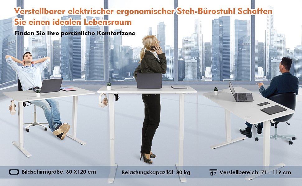 Електричний регульований стіл Pachira 120x60 см з пам'яттю та LED-дисплеєм, з гачками та кабелеуправлінням, ергономічний для дому/офісу, білий