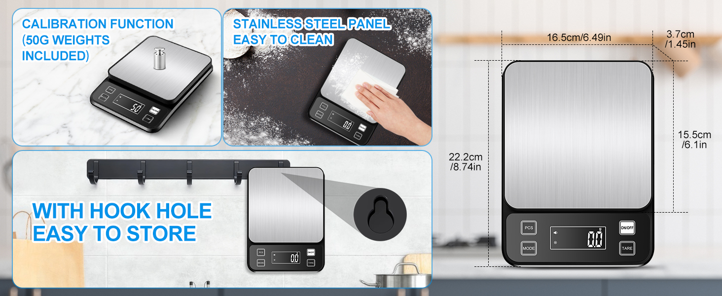 Кухонні ваги Diyife 10 кг, 0,1 г, з нержавіючої сталі, LCD-дисплеєм, функцією тарування та підрахунку, чорні