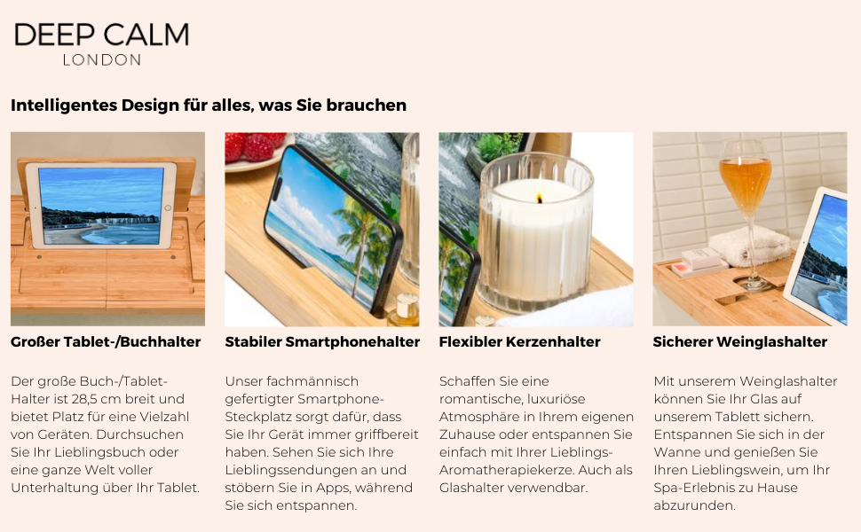 Підставка для ванни Deep Calm - регульована бамбукова підставка - антиковзаюча підставка для ванни. Підходить для більшості ванн. Місце для книги, iPad, телефону, склянки, свічки (натуральний бамбук)