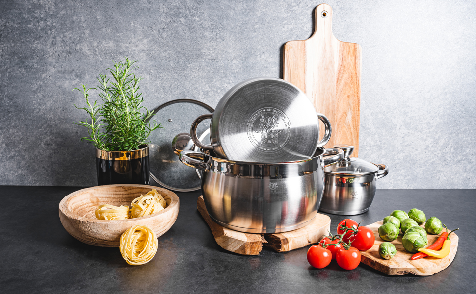 Набір каструль Karl Hausmann 3 шт. з нержавіючої сталі для індукційних та інших плит з кришкою з термостійкого скла та мірною шкалою