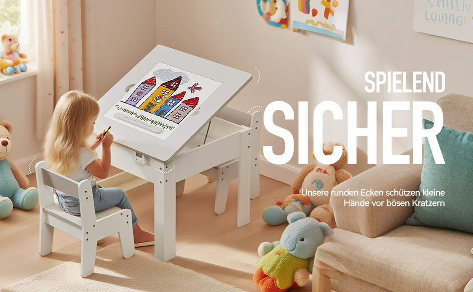 Дитячий столик з двома стільцями Kinderkraft, багатофункціональний: ігри, малювання, читання, 4 змінних панелей, регульований та безпечний, з місцем для зберігання, до 60 кг, від 3 років