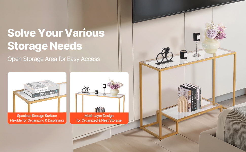 VEVOR Консольний столик з 2 ящиками, сучасний прямокутний, 107 x 35,4 x 75,5 см, з скляною стільницею, столик біля дивана з захистом від перекидання, для вітальні, передпокою, холлу