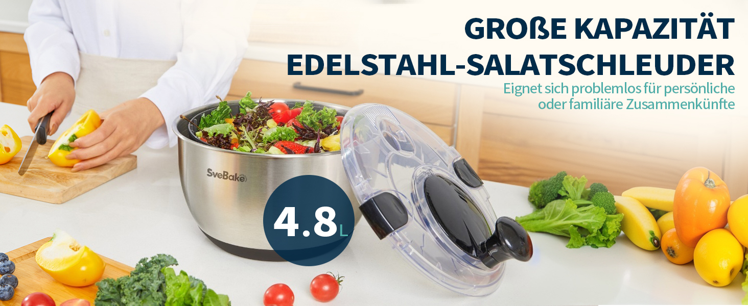 Салатниця-швидкоочисник з нержавіючої сталі 18/10 з ручним приводом та мискою об'ємом 4,5 літра, придатна для миття в посудомийній машині, чорний прозорий кришка