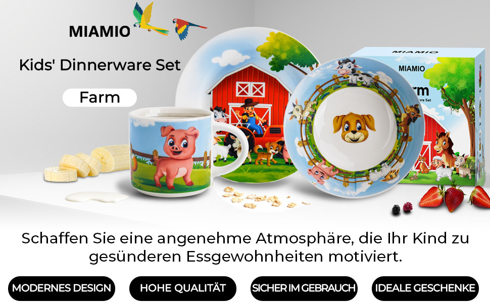 MIAMIO Набір дитячого посуду з порцеляни (3 шт.) - Тарілка, миска, чашка - Для дітей та малюків (Ферма)