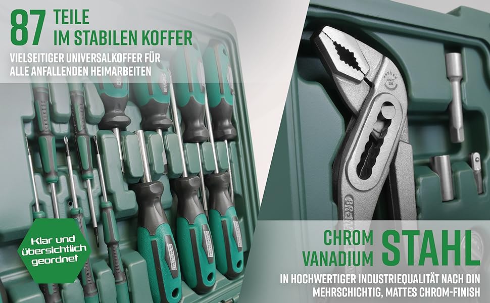 Набір інструментів Brüder Mannesmann 87 предметів у кейсі з Cr-V сталі: викрутки, плоскогубці, молоток, рівень, головки та біти M29084