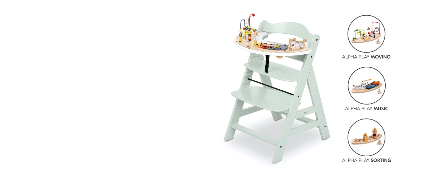 Дитячий високий стільчик Hauck Alpha+ Newborn Set з 2in1 гойдалкою - Зростаючий дерев'яний стільчик для годування з народження, з подушкою та гойдалкою для новонароджених - М'ятний Classic Mint