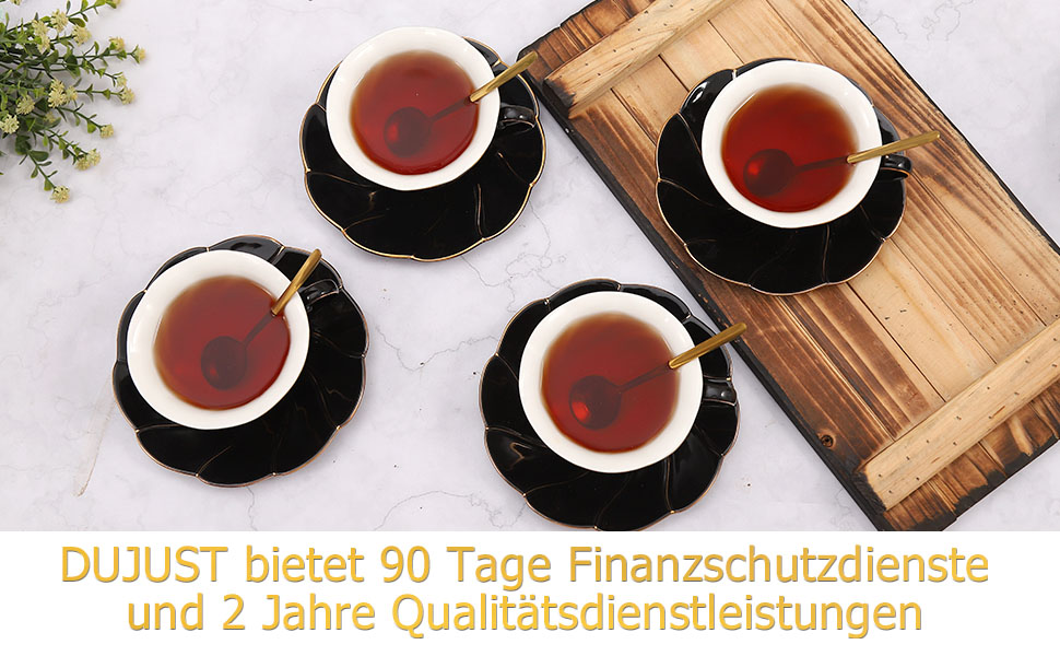 Набір чашок для чаю DUJUST Luxury з блюдцями, 4 шт. , 220 мл, Золотий обідок, Британська порцеляна, Чорний