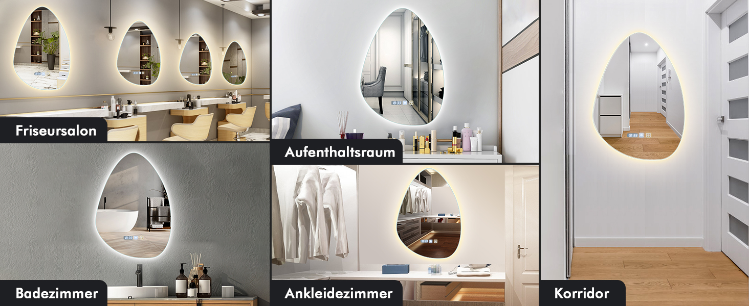 Круглий дзеркало для ванної кімнати з підсвічуванням, 60 см, антизапар, LED, Bluetooth, сенсорне управління, 3000K-4000K-6500K, регулювання яскравості, HD-загартоване скло, дзеркало для ванної кімнати з підсвічуванням (500x700 мм, краплеподібної форми)