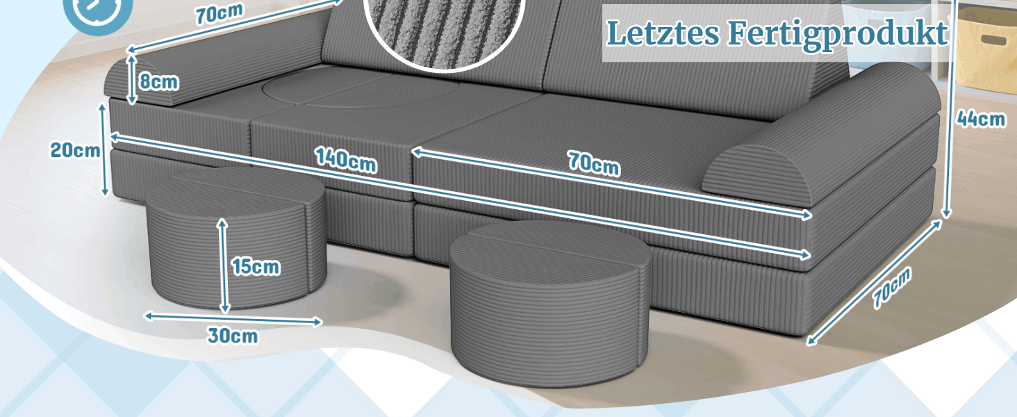 Модульна дитяча кушетка-конструктор MAMIZO Spielsofa Cord, 15 елементів, сірий колір. Кушетка для ігор та відпочинку, екологічна тканина Oeko-Tex, для дитячої кімнати.