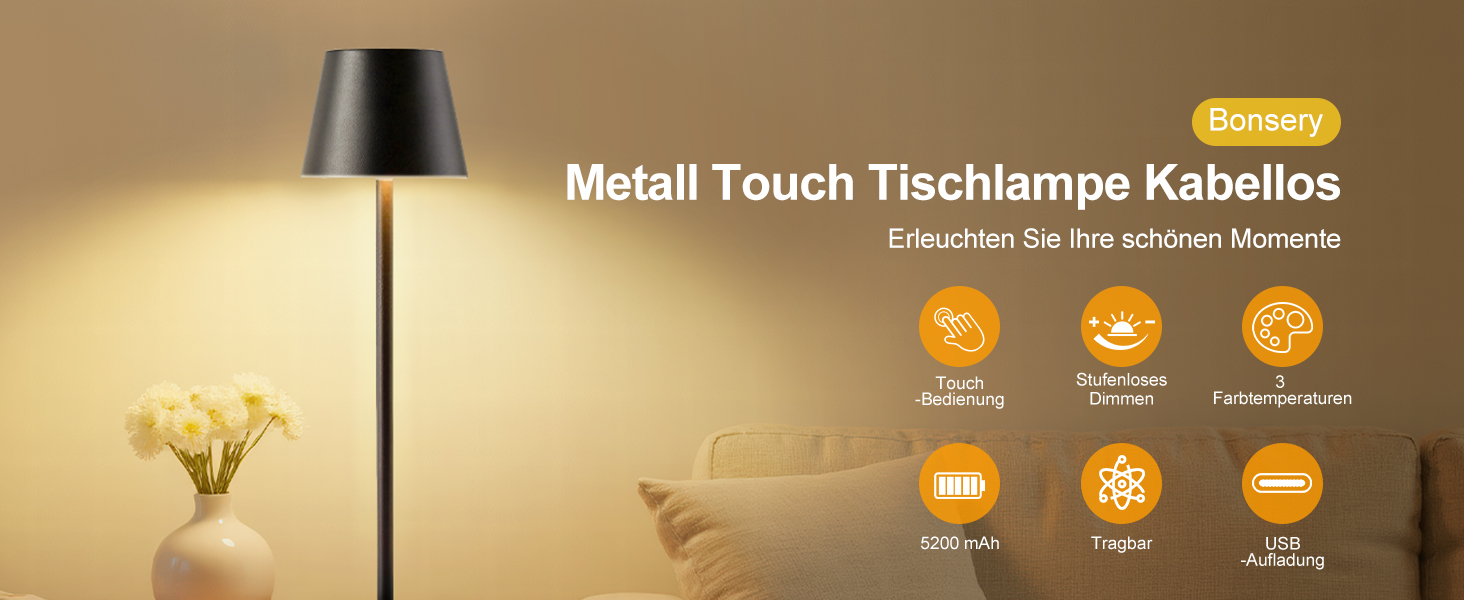 LED настільна лампа Bonsery (2 шт.) з акумулятором 5200mAh, регульована яскравість, 3 кольори світла, металева, вологостійка, 2 висоти (24/37,5 см), для дому, бару, кемпінгу, чорна