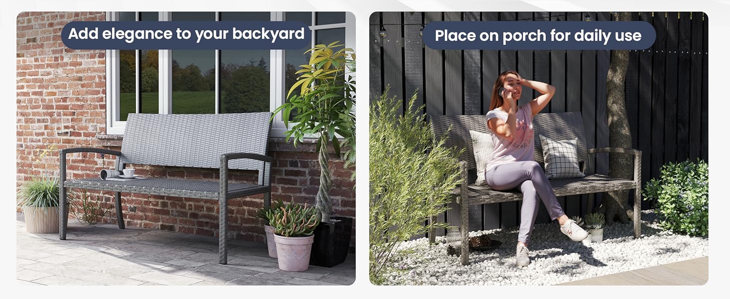 Садова лавка з поліротангу UDPATIO для тераси, балкону та саду (123x63x86 см, сіра). Міцна (до 320 кг) з спинкою та підлокітниками
