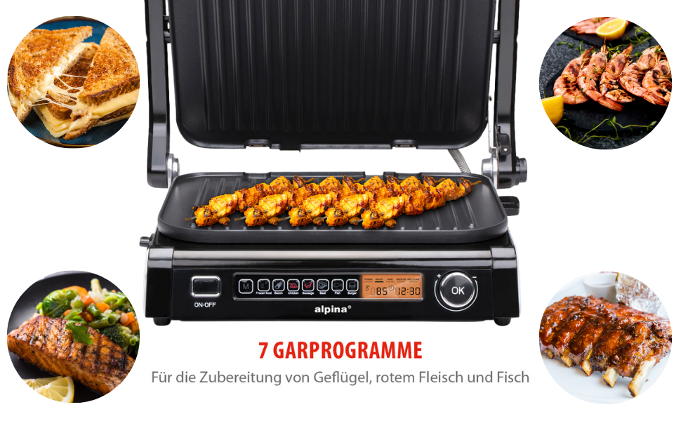 Контактний гриль Alpina Optigrill 2100W: гриль для сендвічів, паніні та овочів з антипригарним покриттям та інтелектуальним режимом приготування