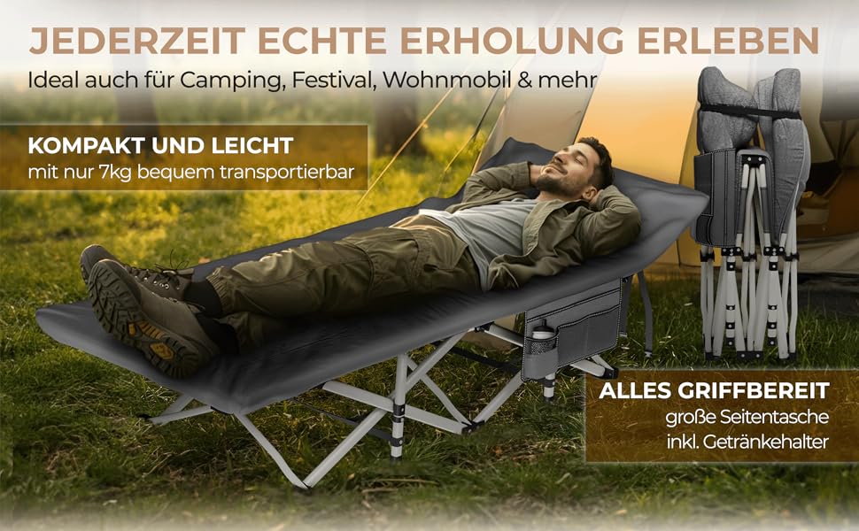 Розкладне похідне ліжко Feldbett з матрацом та простидлом з бавовни, кемпінгове ліжко для дорослих 190x70 см, витримує до 200 кг