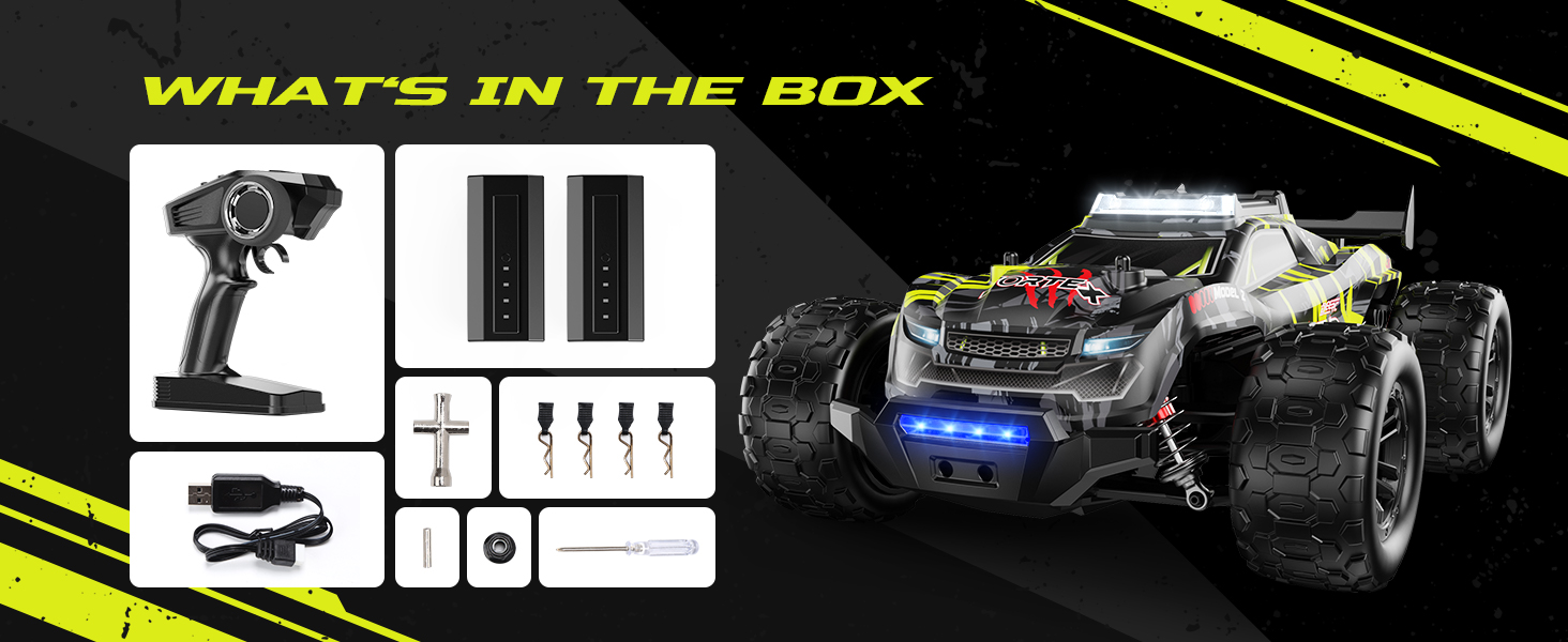 Позашляховик DEERC 1:14 Brushless 4WD, 43 милі/год, з LED підсвіткою, металевими амортизаторами та 2x 7.4V акумуляторами