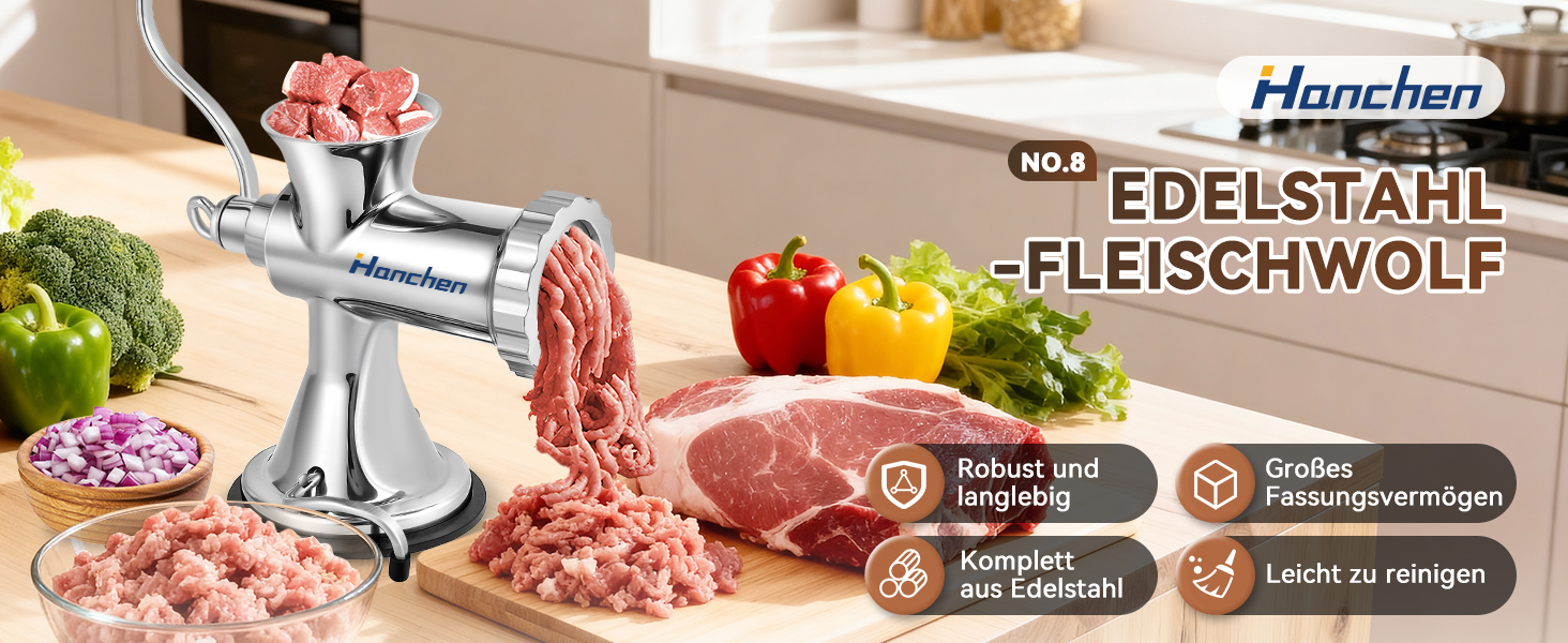 М'ясорубка ручна Hanchen з нержавіючої сталі з присоскою, насадкою для ковбас та 2 дисками, посудомийна, для м'яса та овочів