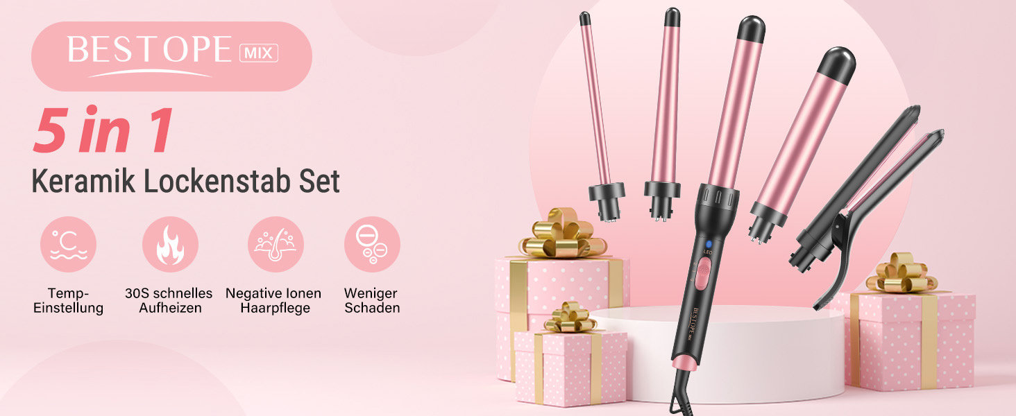 Набір для завивки та випрямлення волосся BESTOPE MIX 5-в-1 з насадками для великих та маленьких локонів, 10-32 мм, швидкий нагрів, 2 температурні режими, рожевий