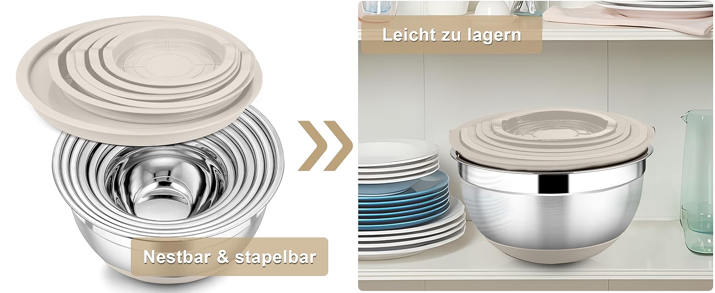 Набір мисок HaWare 6 шт. з нержавіючої сталі з кришками та набором терок, 4.6л/2.8л/2.5л/1.6л/1.2л/0.7л, з силіконовим дном, для миття в посудомийній машині