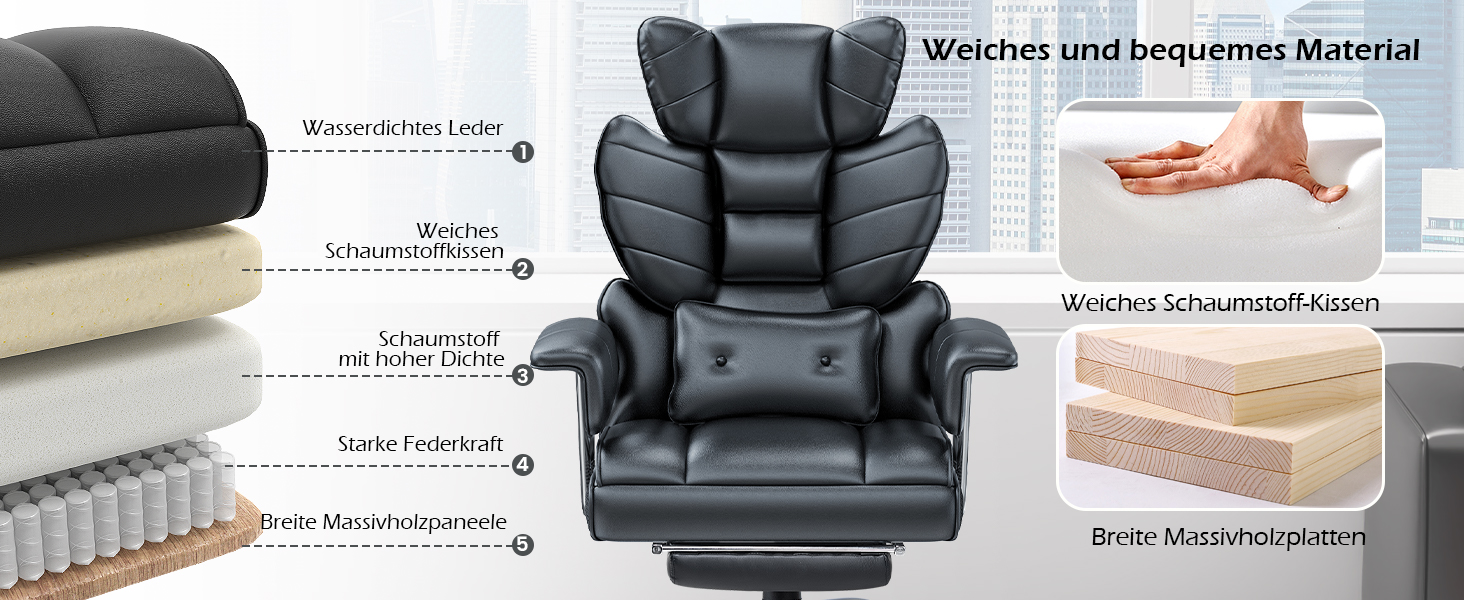 Офісний крісло Naspaluro з підніжкою, ергономічне, для дому та офісу, з підтримкою попереку, PU-шкіра, сірий (чорний 2), 77x66x134 см