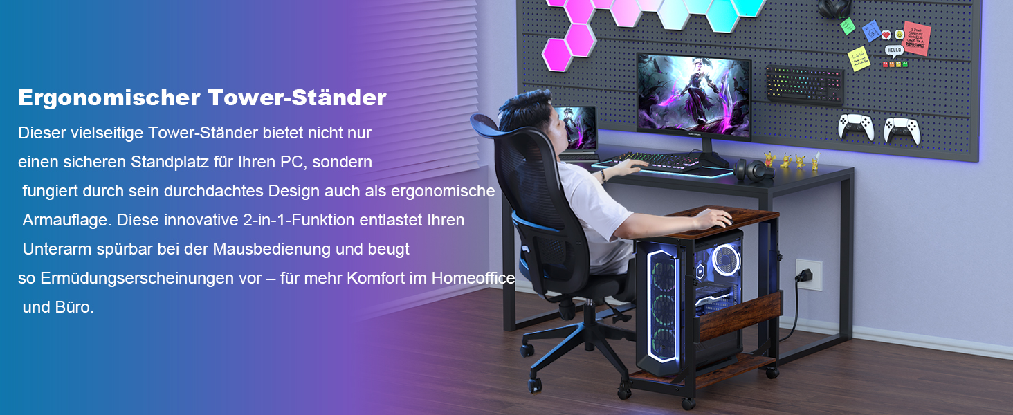 Регульована підставка для комп'ютерного блоку з 2 полицями та місцем для зберігання – для корпусів ATX, принтерів, з фіксуючими роликами (Темно-коричневий, B64 x T34 x H59-84,5cm)