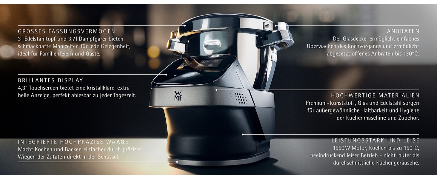 Кухонна машина WMF Avantgarde з функцією приготування їжі, тиха робота, 14 програм, Wi-Fi, чаша 5л, сенсорний екран, інтуїтивна програма, рецепти, матова нержавіюча сталь