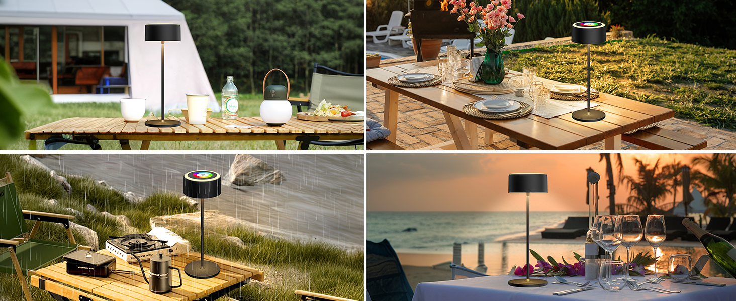 Бездротова LED-лампа TYEE з регулюванням яскравості, акумуляторна, 3000-6000K+RGB, USB-C, водонепроникна IP54, для дому та вулиці, алюміній, чорна