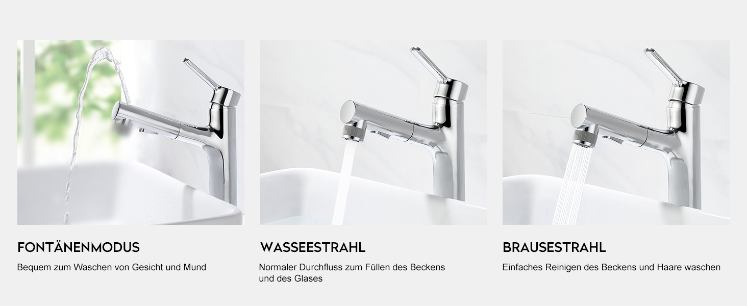 Сучасний змішувач для ванної кімнати CREA з висувною лійкою, 2 режими струменя, з міді, хром, для умивальника