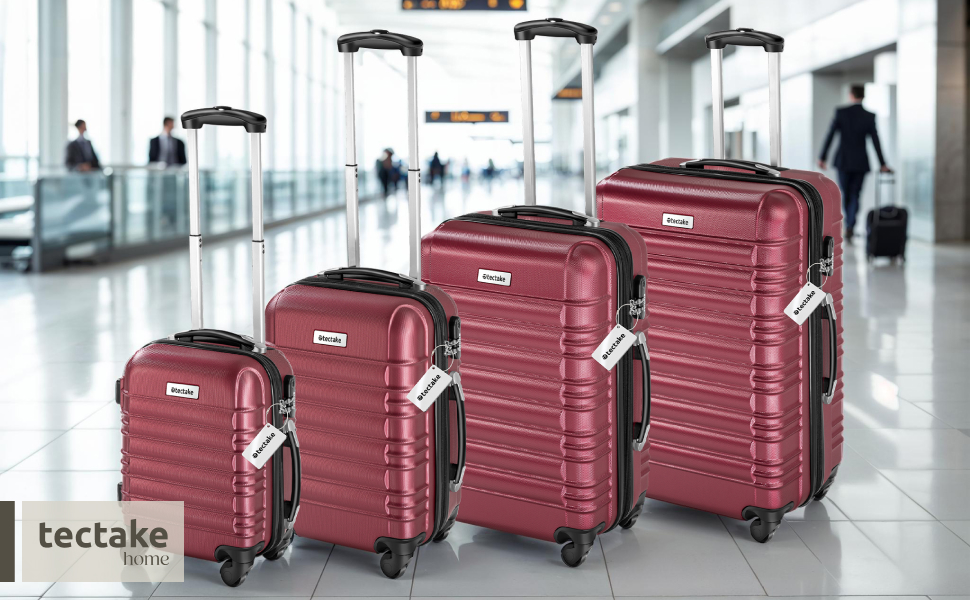 Набір валіз Tectake 4шт з ABS пластику, S-M-L-XL, з роликами, телескопічним ручками та замками, з ваговою шалькою та аксесуарами для валіз (Вишневий)