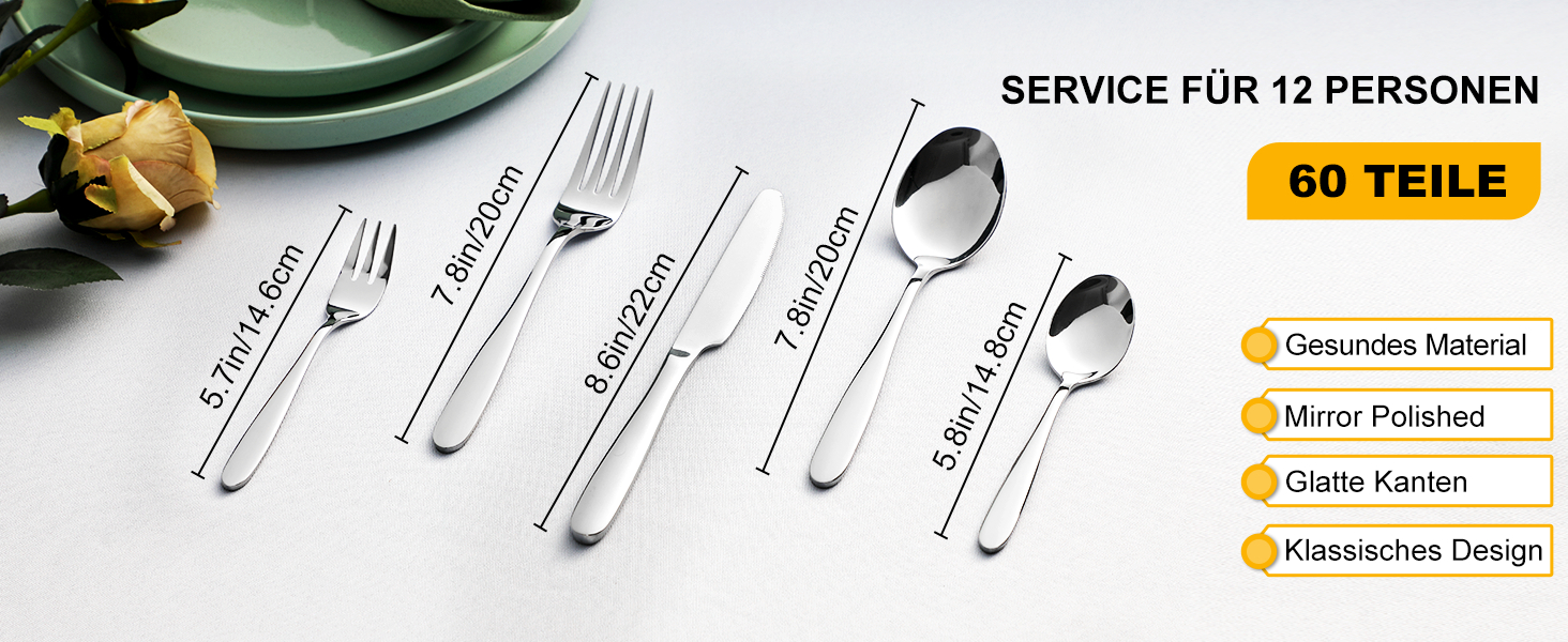 Набір столових приборів Velaze на 12 осіб (60 предметів) з нержавіючої сталі, столовий набір з 12 ножів, виделок, десертних виделок, ложок та чайних ложок, полірований, придатний для миття в посудомийній машині