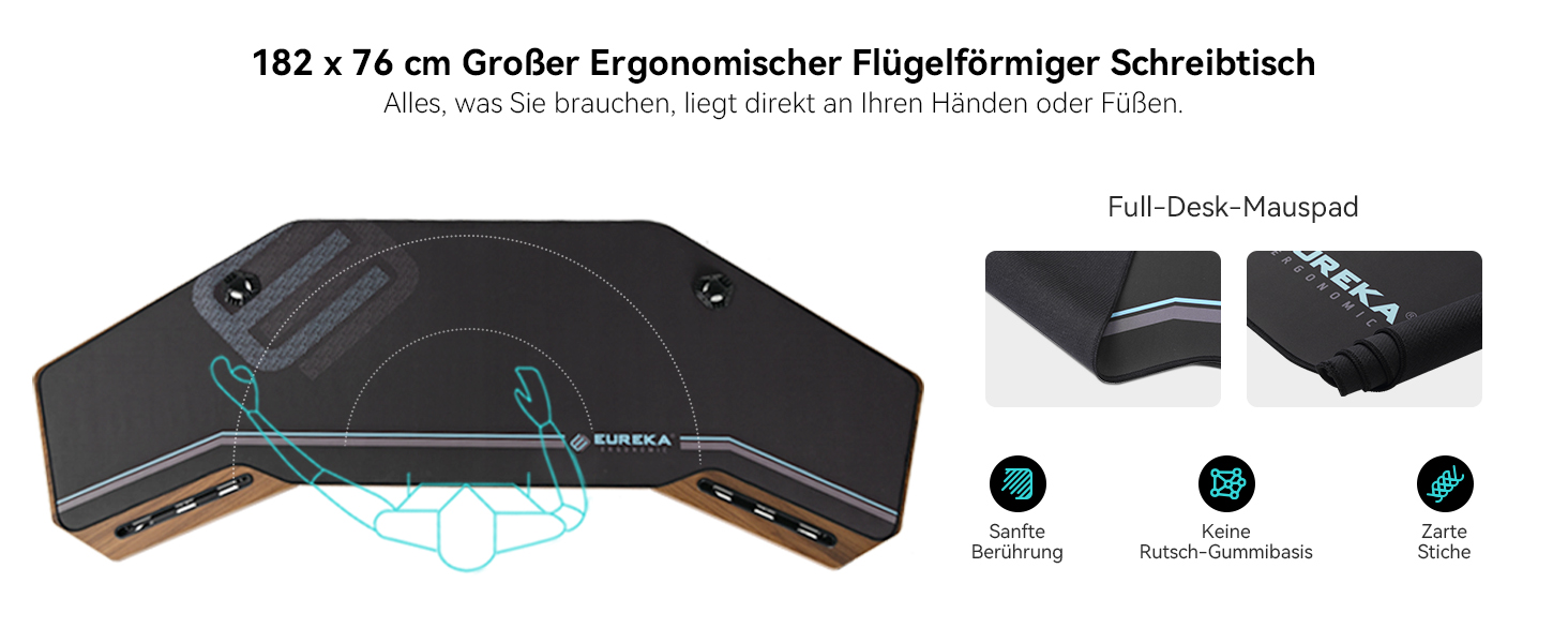 Ігровий стіл EUREKA ERGONOMIC 160x74 см з крилами для геймінгу, PC, Home Office, Live Streaming, 2 слоти для iPad, горіховий колір