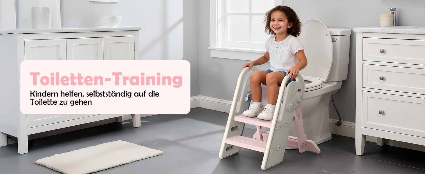 Дитячий підсходильник Onasti Tritthocker, регульована висота, 3 сходинки, з ручками, складний, анти-ковзний, для кухні, ванної кімнати, умивальника та туалету (Сірий) Сіро-білий (Рожевий)