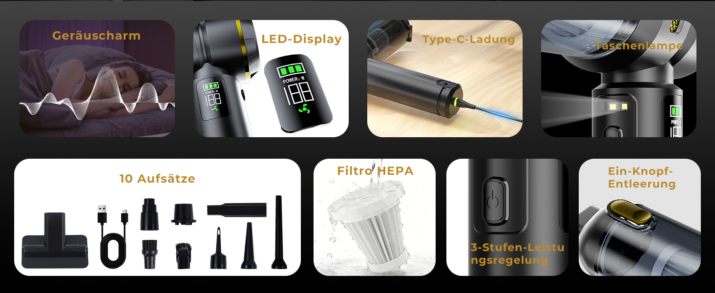 Акумуляторний ручний пилосос HOVIN для авто та дому, потужність 24000 Па, 3 режими роботи, бездротовий, чорно-золотий