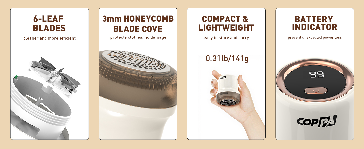 Електричний видальник ворсу для одягу та меблів COPPA з 6 лезами та індикатором заряду