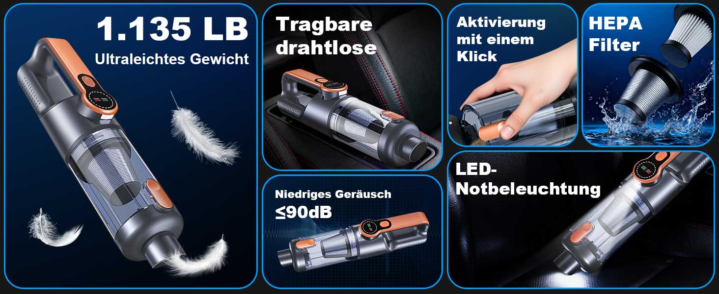 Акумуляторний ручний пилосмок Handstaubsauger 26000 Па, бездротовий автомобільний пилосмок 4-в-1 з безщітковим двигуном, HD-дисплеєм та LED-підсвіткою, помаранчевий