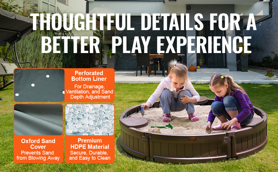 Дерев'яний пісочниця VEVOR з кришкою, восьмигранна пісочниця з 4 місцями для сидіння та підстилкою, пісочниця для дітей у сад, подарунок для хлопчиків та дівчаток віком 3-12 років (пластик, кругла)