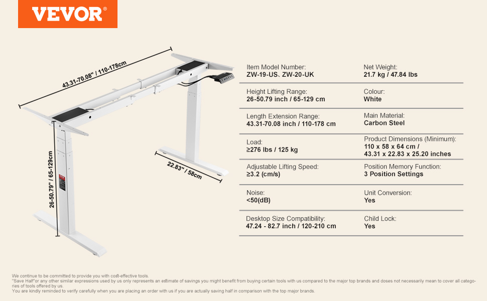Електричний підйомний стіл-каркас VEVOR з подвійним мотором, регулювання висоти 65-129 см, довжини 110-178 см, ергономічна база для робочого місця, 3 положення (тільки каркас), білий, 110 x 58 x 64 см