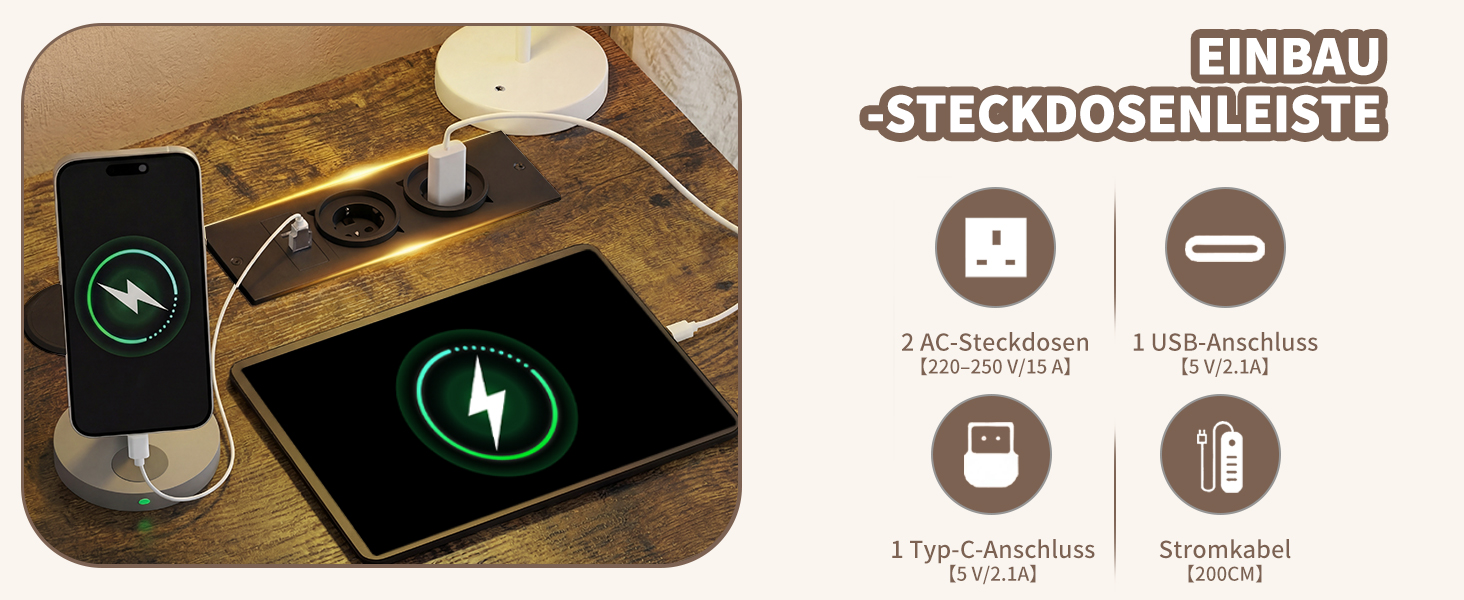 Кутовий комп'ютерний стіл L-подібний JUMMICO з 4 ящиками, розетками та USB, 140x80 см (Коричневий) для дому та геймінгу