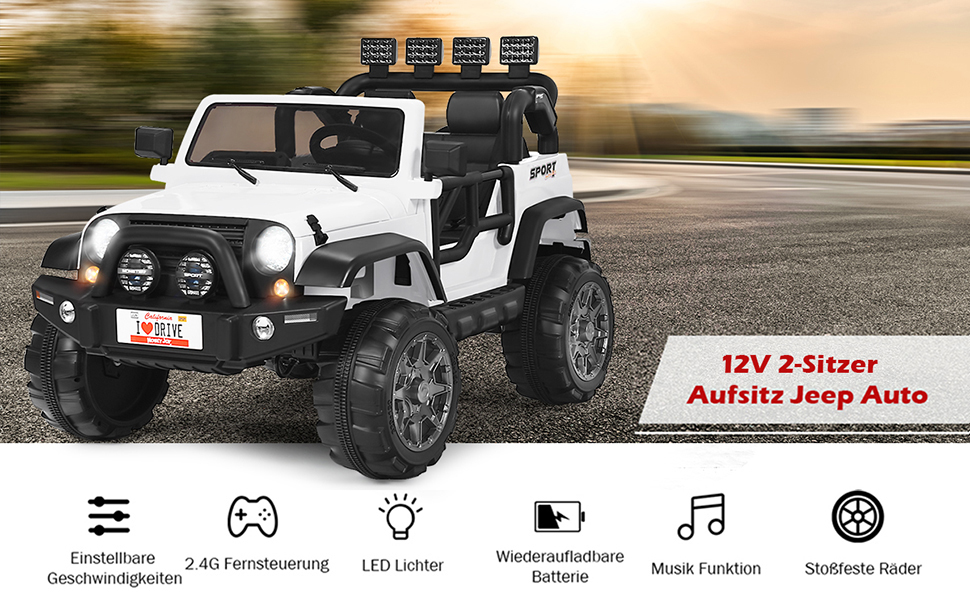 Дитячий електромобіль COSTWAY на двох місця, 12V, з пультом 2,4G, MP3, музика, сигнал, фари, для дітей від 3 років, білий